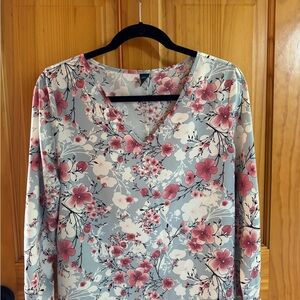 SHEIN Blue V-Neck Long Sleeve Top with Pink Floral Print